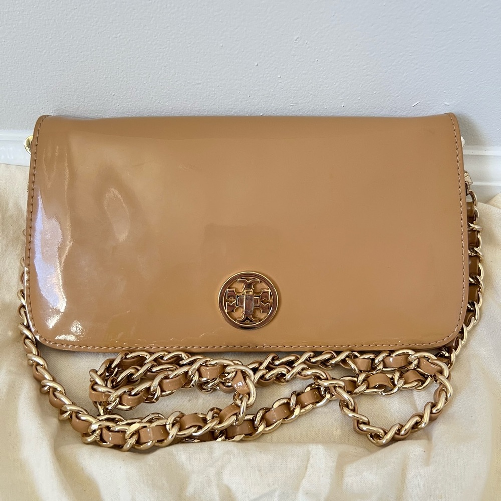 Tory Burch Camel Leather Chain Clutch